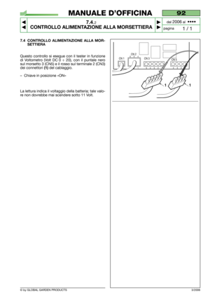 Page 55© by GLOBAL GARDEN PRODUCTS
92
7.4.2
CONTROLLO ALIMENTAZIONE ALLA MORSETTIERA



1 / 1
MANUALE D’OFFICINA
paginadal 
2006al  ••••
7.4 CONTROLLO ALIMENTAZIONE ALLA MOR-
SETTIERA
Questo controllo si esegue con il tester in funzione
di Voltometro (Volt DC 0 ÷ 20), con il puntale nero
sul morsetto 3 (CN5) e il rosso sul terminale 2 (CN3)
dei connettori 
(1)del cablaggio.
–Chiave in posizione «ON»
La lettura indica il voltaggio della batteria; tale valo-
re non dovrebbe mai scendere sotto 11 Volt....