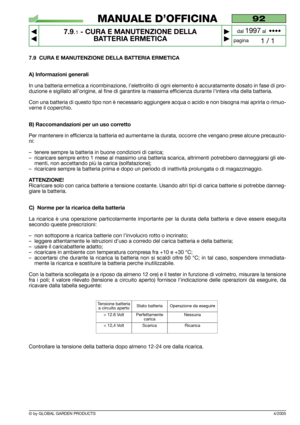 Page 594/2005
7.9 CURA E MANUTENZIONE DELLA BATTERIA ERMETICA
A) Informazioni generali
In una batteria ermetica a ricombinazione, l’elettrolito di ogni elemento è accuratamente dosato in fase di pro-
duzione e sigillato all’origine, al fine di garantire la massima efficienza durante l’intera vita della batteria.
Con una batteria di questo tipo non è necessario aggiungere acqua o acido e non bisogna mai aprirla o rimuo-
verne il coperchio.
B) Raccomandazioni per un uso corretto
Per mantenere in efficienza la...