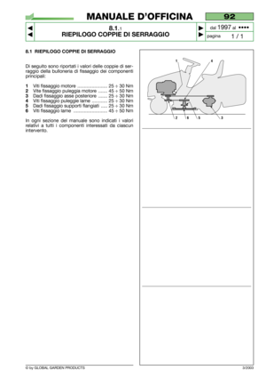 Page 638.1 RIEPILOGO COPPIE DI SERRAGGIO
Di seguito sono riportati i valori delle coppie di ser-
raggio della bulloneria di fissaggio dei componenti
principali: 
1Viti fissaggio motore  ....................... 25 ÷ 30 Nm
2Vite fissaggio puleggia motore  ....... 45 ÷ 50 Nm
3Dadi fissaggio asse posteriore  ....... 25 ÷ 30 Nm
4Viti fissaggio puleggie lame  ............ 25 ÷ 30 Nm
5Dadi fissaggio supporti flangiati  ..... 25 ÷ 30 Nm
6Viti fissaggio lame  .......................... 45 ÷ 50 Nm
In ogni sezione del...