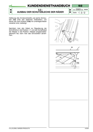 Page 27Halterung des Armaturenbretts und sechs Schrau-
ben 
(13)unter den seitlichen Trittbrettern, von
denen die zwei hinteren 
(13a)mit Unterlegscheiben
versehen sind, befestigt. 
Nachdem man den Hebel zur Regulierung der
Schnitthöhe in die Position «7» und den Schalthebel
der Messer in die Position «Messer eingeschaltet»
gebracht hat, kann man das Schutzblech abneh-
men.
4/2005
10
1313
13a
12
92
5.2.1
AUSBAU DER SCHUTZBLECHE DER RÄDER



2 / 2
KUNDENDIENSTHANDBUCH
Seite von 
2003bis  ••••
© by GLOBAL...