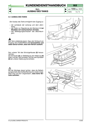 Page 295.4 AUSBAU DES TANKS
Der Ausbau des Tanks ermöglicht den Zugang zu:
–der Lenksäule der Lenkung und dem Zahn-
kranz;
–der Feder zur Regulierung der Bremse 
(➤bei
Modellen mit mechanischem Antrieb)
;
–den Befestigungsschrauben des Beschleuni-
gers.
Den Tank vollständig leeren. Dazu den Schlauch am
Eingang des Kraftstofffilters 
(1) herausziehen und
dabei darauf achten, dass kein Benzin ausläuft.
Den unteren Teil des Schutzgehäuses (2)heraus-
nehmen.
Die Schraube 
(3)zur Befestigung der Halterung (4)
lösen...