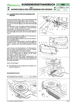 Page 436.6 AUSWECHSELN DES KEILRIEMENS DER
MESSER
Die Schraube (1)lockern, den Sicherheitsbolzen (2)
ausklinken und die Gabel (3)zur Seite schieben.
Die Riemenführung 
(4)so weit nach vorne drehen,
bis sich der Riemen 
(5)aus der Riemenscheibe (6)
befreit.
Die Mähwerk in der niedrigsten Stellung positionie-
ren, um den Zugriff zu erleichtern, und die Messer
ausschalten, um den Riemen zu lockern. 
Das rechte Schutzgehäuse 
(7)durch Losschrauben
der Mutter 
(8)und Lockern der Schrauben (9)aus-
bauen.
Das linke...