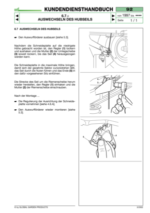 Page 446.7 AUSWECHSELN DES HUBSEILS
Den Auswurfförderer ausbauen [siehe 5.3].
Nachdem die Schneideplatte auf die niedrigste
Höhe gebracht worden ist, den Regler 
(1)lockern
und aushaken und die Mutter
(2)der Umlegscheibe
(3)soweit lockern, bis das Seil (4)herausgezogen
werden kann.
Die Schneideplatte in die maximale Höhe bringen,
damit sich der gezahnte Sektor zurückdrehen läßt,
das Seil durch die Nuten führen und das Ende 
(5)in
den dafür vorgesehenen Sitz einführen.
Die Strecke des Seil um die Riemenscheibe...