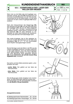 Page 47Wenn man nur die Welle oder die Kugellager aus-
wechseln möchte, den Keil 
(13)herausnehmen und
mit einem Kunststoffhammer von der Seite der Rie-
menscheibe her auf die Welle klopfen, um die Welle
zusammen mit dem unteren Kugellager 
(14)heraus-
zuziehen.
Nach dem Herausnehmen des Seegerrings 
(15),
des Staubschutzrings
(16)und des Keils(17)kann
das Kugellager 
(14), das auf die Welle aufgepreßt
ist, mit Hilfe einer normalen Ausziehvorrichtung
ausgebaut werden, wobei darauf zu achten ist, daß
das...