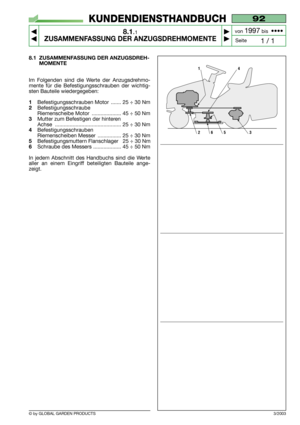 Page 638.1 ZUSAMMENFASSUNG DER ANZUGSDREH-
MOMENTE
Im Folgenden sind die Werte der Anzugsdrehmo-
mente für die Befestigungsschrauben der wichtig-
sten Bauteile wiedergegeben:  
1Befestigungsschrauben Motor  ....... 25 ÷ 30 Nm
2Befestigungsschraube 
Riemenscheibe Motor  .................... 45 ÷ 50 Nm
3Mutter zum Befestigen der hinteren 
Achse ............................................. 25 ÷ 30 Nm
4Befestigungsschrauben
Riemenscheiben Messer  ................ 25 ÷ 30 Nm
5Befestigungsmuttern Flanschlager   25 ÷...