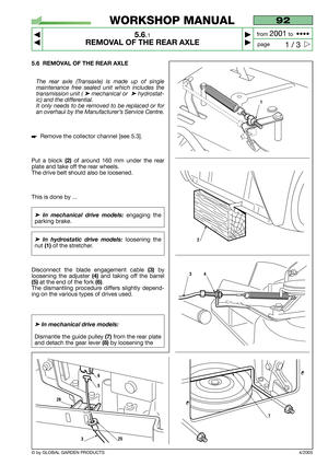 Page 325.6 REMOVAL OF THE REAR AXLE
The rear axle (Transaxle) is made up of single
maintenance free sealed unit which includes the
transmission unit ( 
➤mechanical or  ➤hydrostat-
ic) and the differential. 
It only needs to be removed to be replaced or for
an overhaul by the Manufacturer’s Service Centre.
Remove the collector channel [see 5.3].
Put a block 
(2)of around 160 mm under the rear
plate and take off the rear wheels.
The drive belt should also be loosened.
This is done by ...
➤In mechanical drive...