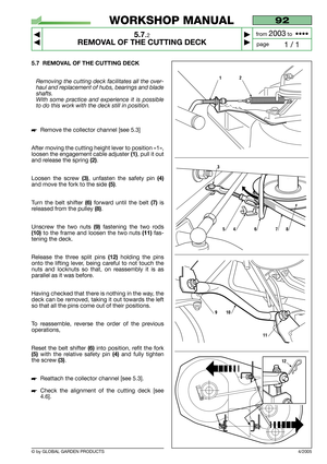 Page 355.7 REMOVAL OF THE CUTTING DECK
Removing the cutting deck facilitates all the over-
haul and replacement of hubs, bearings and blade
shafts.
With some practice and experience it is possible
to do this work with the deck still in position.
Remove the collector channel [see 5.3]
After moving the cutting height lever to position «1»,
loosen the engagement cable adjuster 
(1), pull it out
and release the spring 
(2).
Loosen the screw 
(3), unfasten the safety pin (4)
and move the fork to the side (5).
Turn...