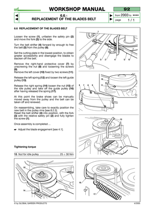 Page 436.6 REPLACEMENT OF THE BLADES BELT
Loosen the screw (1), unfasten the safety pin (2)
and move the fork (3)to the side.
Turn the belt shifter 
(4)forward by enough to free
the belt 
(5)from the pulley (6).
Set the cutting plate in the lowest position, to obtain
greater accessibility and disengage the blades to
slacken off the belt. 
Remove the right-hand protective cover 
(7)by
unscrewing the nut 
(8)and loosening the screws
(9).
Remove the left cover 
(10)fixed by two screws (11).
Release the left spring...