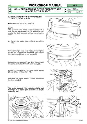 Page 466.9 REPLACEMENT OF THE SUPPORTS AND
SHAFTS OF THE BLADES
Remove the cutting deck [see 5.7].
NOTE
This operation is not strictly necessary since, with a
little practice and experience, it is possible to dis-
mantle the deck supports without removing the
deck.
Remove the blades [see 4.10] and take off the
hubs.
Remove the right-hand cover 
(1)by unscrewing the
nut 
(2)and loosening the screws (3). Take off the
left-hand cover
(4)held by two screws (5).
Release the two springs
(7)and(8)of the right and...