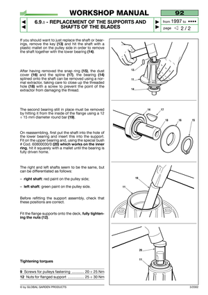 Page 47If you should want to just replace the shaft or bear-
ings, remove the key 
(13)and hit the shaft with a
plastic mallet on the pulley side in order to remove
the shaft together with the lower bearing 
(14).
After having removed the snap ring 
(15), the dust
cover 
(16)and the spline(17), the bearing(14)
splined onto the shaft can be removed using a nor-
mal extractor, taking care to close up the threaded
hole 
(18)with a screw to prevent the point of the
extractor from damaging the thread.
The second...