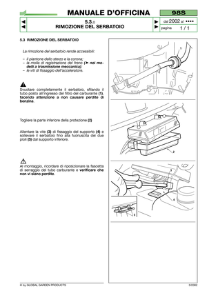 Page 275.3 RIMOZIONE DEL SERBATOIO
La rimozione del serbatoio rende accessibili:
–il piantone dello sterzo e la corona;
–la molla di registrazione del freno 
(➤nei mo-
delli a trasmissione meccanica)
;
–le viti di fissaggio dell’acceleratore.
Svuotare completamente il serbatoio, sfilando il
tubo posto all’ingresso del filtro del carburante 
(1),
facendo attenzione a non causare perdite di
benzina
.
Togliere la parte inferiore della protezione
(2)
Allentare la vite (3)di fissaggio del supporto (4)e
sollevare il...