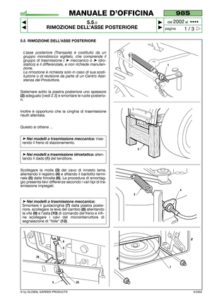 Page 305.5 RIMOZIONE DELL’ASSE POSTERIORE
L’asse posteriore (Transaxle) è costituito da un
gruppo monoblocco sigillato, che comprende il
gruppo di trasmissione ( 
➤meccanico o ➤idro-
statico) e il differenziale, e non richiede manuten-
zione. 
La rimozione è richiesta solo in caso di sua sosti-
tuzione o di revisione da parte di un Centro Assi-
stenza del Produttore.
Sistemare sotto la piastra posteriore uno spessore
(2)adeguato [vedi 2.3] e smontare le ruote posterio-
ri.
Inoltre è opportuno che la cinghia di...