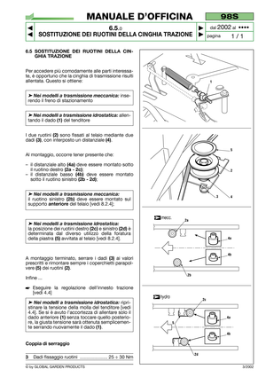 Page 396.5 SOSTITUZIONE DEI RUOTINI DELLA CIN-
GHIA TRAZIONE
Per accedere più comodamente alle parti interessa-
te, è opportuno che la cinghia di trasmissione risulti
allentata. Questo si ottiene:
➤Nei modelli a trasmissione meccanica:inse-
rendo il freno di stazionamento 
➤Nei modelli a trasmissione idrostatica:allen-
tando il dado 
(1)del tenditore 
I due ruotini 
(2)sono fissati al telaio mediante due
dadi 
(3), con interposto un distanziale (4).
Al montaggio, occorre tener presente che:
–il distanziale alto...