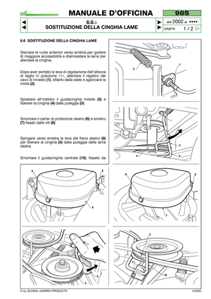 Page 406.6 SOSTITUZIONE DELLA CINGHIA LAME
Sterzare le ruote anteriori verso sinistra per godere
di maggiore accessibilità e disinnestare le lame per
allentare la cinghia.
Dopo aver portato la leva di regolazione dell’altezza
di taglio in posizione «1», allentare il registro del
cavo di innesto 
(1), sfilarlo dalla sede e sganciare la
molla 
(2).
Spostare all’indietro il guidacinghia mobile 
(3)e
liberare la cinghia 
(4)dalla puleggia (5).
Smontare il carter di protezione destro 
(6)e sinistro
(7)fissati dalle...