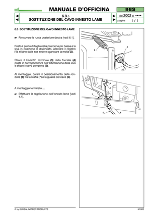 Page 43© by GLOBAL GARDEN PRODUCTS
98S
6.8.0
SOSTITUZIONE DEL CAVO INNESTO LAME



1 / 1
MANUALE D’OFFICINA
paginadal 
2002al  ••••
6.8 SOSTITUZIONE DEL CAVO INNESTO LAME
Rimuovere la ruota posteriore destra [vedi 6.1].
Posto il piatto di taglio nella posizione più bassa e la
leva in posizione di disinnesto, allentare il registro
(1), sfilarlo dalla sua sede e sganciare la molla (2).
Sfilare il barilotto terminale 
(3)dalla forcella (4)
posta in corrispondenza dell’articolazione della leva
e sfilare il...