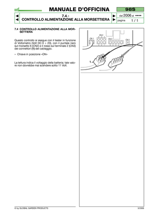 Page 52© by GLOBAL GARDEN PRODUCTS
98S
7.4.1
CONTROLLO ALIMENTAZIONE ALLA MORSETTIERA



1 / 1
MANUALE D’OFFICINA
paginadal 
2006al  ••••
7.4 CONTROLLO ALIMENTAZIONE ALLA MOR-
SETTIERA
Questo controllo si esegue con il tester in funzione
di Voltometro (Volt DC 0 ÷ 20), con il puntale nero
sul morsetto 6 (CN2) e il rosso sul terminale 2 (CN3)
dei connettori 
(1)del cablaggio.
–Chiave in posizione «ON»
La lettura indica il voltaggio della batteria; tale valo-
re non dovrebbe mai scendere sotto 11 Volt....