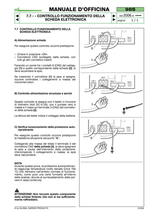 Page 547.7 CONTROLLO FUNZIONAMENTO DELLA
SCHEDA ELETTRONICA
A) Alimentazione scheda
Per eseguire questo controllo occorre predisporre:
–Chiave in posizione «ON»
–Connettore CN2 scollegato dalla scheda, con
tutti gli altri connettori inseriti
Facendo un ponte fra i contatti 6 (CN2) del cablag-
gio 
(1)e quello corrispondente della scheda (2), si
deve accendere la spia.
Se inserendo il connettore 
(1)la spia si spegne,
occorre controllare i collegamenti a massa dei
microinterruttori.
B) Controllo alimentazione...