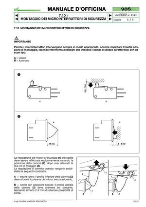 Page 57© by GLOBAL GARDEN PRODUCTS
98S
7.10.1
MONTAGGIO DEI MICROINTERRUTTORI DI SICUREZZA



1 / 1
MANUALE D’OFFICINA
paginadal 
2002al  ••••
3/2003
7.10 MONTAGGIO DEI MICROINTERRUTTORI DI SICUREZZA
IMPORTANTE
Perchè i microinterruttori intervengano sempre in modo appropriato, occorre rispettare l’esatta posi-
zione di montaggio, facendo riferimento ai disegni che indicano i campi di utilizzo caratteristici per cia-
scun tipo.
A 
= Libero
B = Azionato
15 mm
AB
2 ÷ 6 mm
min. 1 mm
AB
1
2
La regolazione del...