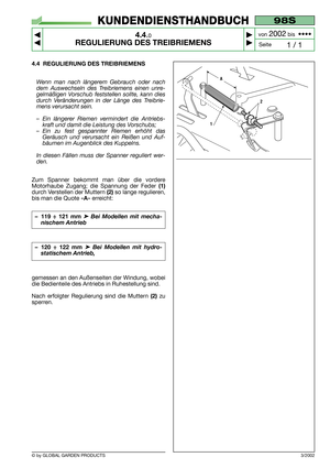 Page 15© by GLOBAL GARDEN PRODUCTS
98S
4.4.0
REGULIERUNG DES TREIBRIEMENS 



1 / 1
KUNDENDIENSTHANDBUCH
Seite von 
2002bis  ••••
4.4 REGULIERUNG DES TREIBRIEMENS
Wenn man nach längerem Gebrauch oder nach
dem Auswechseln des Treibriemens einen unre-
gelmäßigen Vorschub feststellen sollte, kann dies
durch Veränderungen in der Länge des Treibrie-
mens verursacht sein.
–Ein längerer Riemen vermindert die Antriebs-
kraft und damit die Leistung des Vorschubs;
–Ein zu fest gespannter Riemen erhöht das
Geräusch...