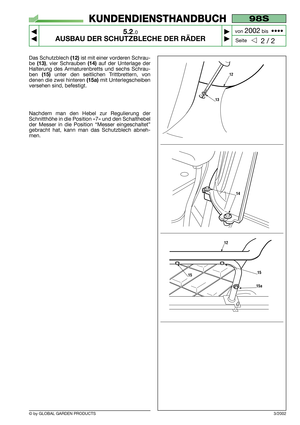 Page 26© by GLOBAL GARDEN PRODUCTS
98S
5.2.0
AUSBAU DER SCHUTZBLECHE DER RÄDER



2 / 2
KUNDENDIENSTHANDBUCH
Seite von 
2002bis  ••••
Das Schutzblech (12)ist mit einer vorderen Schrau-
be 
(13), vier Schrauben (14)auf der Unterlage der
Halterung des Armaturenbretts und sechs Schrau-
ben 
(15)unter den seitlichen Trittbrettern, von
denen die zwei hinteren 
(15a)mit Unterlegscheiben
versehen sind, befestigt.
Nachdem man den Hebel zur Regulierung der
Schnitthöhe in die Position «7» und den Schalthebel
der...