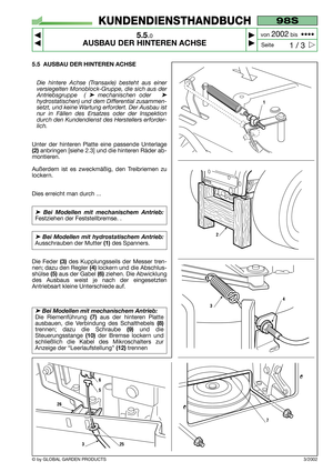 Page 305.5 AUSBAU DER HINTEREN ACHSE
Die hintere Achse (Transaxle) besteht aus einer
versiegelten Monoblock-Gruppe, die sich aus der
Antriebsgruppe  ( 
➤mechanischen oder   ➤
hydrostatischen) und dem Differential zusammen-
setzt, und keine Wartung erfordert. Der Ausbau ist
nur in Fällen des Ersatzes oder der Inspektion
durch den Kundendienst des Herstellers erforder-
lich.
Unter der hinteren Platte eine passende Unterlage
(2) anbringen [siehe 2.3] und die hinteren Räder ab-
montieren. 
Außerdem ist es...