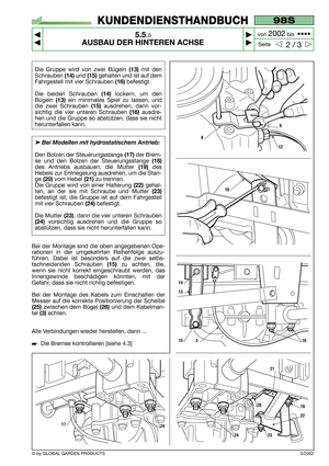 Page 31Die Gruppe wird von zwei Bügeln (13)mit den
Schrauben 
(14)und (15)gehalten und ist auf dem
Fahrgestell mit vier Schrauben 
(16)befestigt. 
Die beiden Schrauben 
(14)lockern, um den
Bügeln 
(13)ein minimales Spiel zu lassen, und
die zwei Schrauben
(15)ausdrehen, dann vor-
sichtig die vier unteren Schrauben 
(16)ausdre-
hen und die Gruppe so abstützen, dass sie nicht
herunterfallen kann.
➤Bei Modellen mit hydrostatischem Antrieb: 
Den Bolzen der Steuerungsstange (17)der Brem-
se und den Bolzen der...