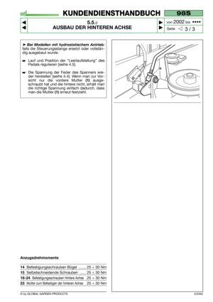 Page 32© by GLOBAL GARDEN PRODUCTS
98S
5.5.0
AUSBAU DER HINTEREN ACHSE



3 / 3
KUNDENDIENSTHANDBUCH
Seite von 
2002bis  ••••
➤Bei Modellen mit hydrostatischem Antrieb:
falls die Steuerungsstange ersetzt oder vollstän-
dig ausgebaut wurde:
Lauf und Position der ”Leerlaufstellung” des
Pedals regulieren [seihe 4.5].
Die Spannung der Feder des Spanners wie-
der herstellen [seihe 4.4]. Wenn man zur Vor-
sicht nur die vordere Mutter 
(1) ausge-
schraubt hat und die hintere nicht, erhält man
die richtige...