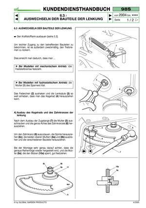 Page 366.3 AUSWECHSELN DER BAUTEILE DER LENKUNG
 Den Kraftstofftank ausbauen [siehe 5.3].
Um leichter Zugang zu den betreffenden Bauteilen zu
bekommen, ist es außerdem zweckmäßig, den Treibrie-
men zu lockern.
Dies erreicht man dadurch, dass man ...
➤Bei Modellen mit mechanischem Antrieb: idie
Feststellbremse festzieht.  
➤Bei Modellen mit hydrostatischem Antrieb: die
Mutter 
(1)des Spanners löst.  
Das Federchen 
(2)aushaken und die Lenksäule(3)so
weit anheben, dass man das Kegelrad 
(4) herausziehen
kann....