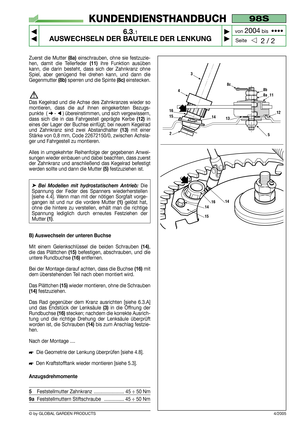 Page 37© by GLOBAL GARDEN PRODUCTS
98S
6.3.1
AUSWECHSELN DER BAUTEILE DER LENKUNG



2 / 2
KUNDENDIENSTHANDBUCH
Seite von 
2004bis  ••••
Zuerst die Mutter (8a)einschrauben, ohne sie festzuzie-
hen, damit die Tellerfeder 
(11)ihre Funktion ausüben
kann, die darin besteht, dass sich der Zahnkranz ohne
Spiel, aber genügend frei drehen kann, und dann die
Gegenmutter 
(8b)sperren und die Spinte (8c)einstecken.
Das Kegelrad und die Achse des Zahnkranzes wieder so
montieren, dass die auf ihnen eingekerbten...