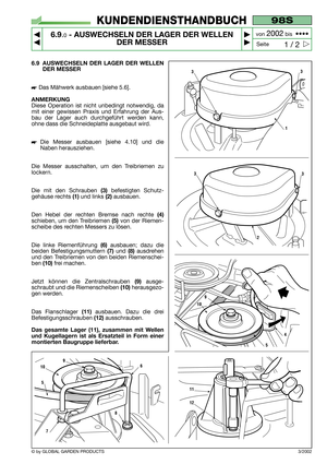 Page 446.9 AUSWECHSELN DER LAGER DER WELLEN
DER MESSER
Das Mähwerk ausbauen [siehe 5.6].
ANMERKUNG
Diese Operation ist nicht unbedingt notwendig, da
mit einer gewissen Praxis und Erfahrung der Aus-
bau der Lager auch durchgeführt werden kann,
ohne dass die Schneideplatte ausgebaut wird.
Die Messer ausbauen [siehe 4.10] und die
Naben herausziehen.
Die Messer ausschalten, um den Treibriemen zu
lockern.
Die mit den Schrauben
(3)befestigten Schutz-
gehäuse rechts
(1)und links (2)ausbauen.
Den Hebel der rechten...