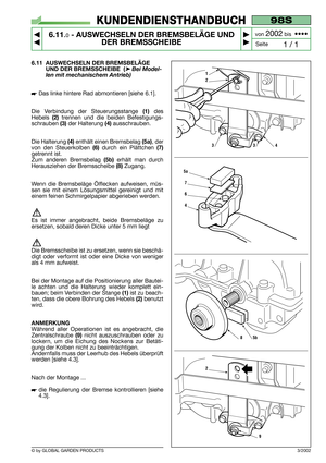 Page 476.11 AUSWECHSELN DER BREMSBELÄGE
UND DER BREMSSCHEIBE  (
➤Bei Model-
len mit mechanischem Antrieb)
Das linke hintere Rad abmontieren [siehe 6.1].
Die Verbindung der Steuerungsstange 
(1)des
Hebels 
(2)trennen und die beiden Befestigungs-
schrauben 
(3) der Halterung (4)ausschrauben.
Die Halterung 
(4)enthält einen Bremsbelag (5a), der
von den Steuerkolben 
(6)durch ein Plättchen (7)
getrennt ist.
Zum anderen Bremsbelag 
(5b)erhält man durch
Herausziehen der Bremsscheibe 
(8)Zugang.
Wenn die Bremsbeläge...