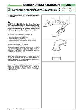 Page 53© by GLOBAL GARDEN PRODUCTS
98S
7.6.2
KONTROLLE DES BETRIEBS DES ANLASSRELAIS



1 / 1
KUNDENDIENSTHANDBUCH
Seite von 
2006bis  ••••
7.6 KONTROLLE DES BETRIEBS DES ANLASS-
RELAIS
ACHTUNG! -  Der Stecker der Kerze (oder von
den Kerzen) abnehmen, da die Sicherheitssyste-
me, die normalerweise das unbeabsichtigte
Anlassen des Motors verhindern, während des
Prüfvorgangs außer Betrieb gesetzt werden.
Zur Durchführung dieser Kontrolle sind:
–die Feststellbremse zu ziehen;
–die Messer auszuschalten;...