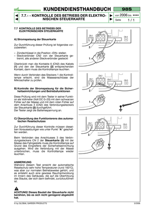 Page 547.7 KONTROLLE DES BETRIEBS DER 
ELEKTRONISCHEN STEUERKARTE
A) Stromspeisung der Steuerkarte
Zur Durchführung dieser Prüfung ist folgendes vor-
zubereiten:
–Zündschlüssel in die Position «EIN» stellen
–Steckverbinder CN2 von der Steuerkarte ge-
trennt, alle anderen Steckverbinder gesteckt
Überbrückt man die Kontakte 6 (CN2) des Kabels
(1) und den der Steuerkarte(2)entsprechenden
Kontakt, dann muss die Kontrolllampe leuchten.
Wenn durch Verbinden des Steckers 1 die Kontroll-
lampe erlischt, sind die...