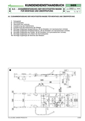 Page 60© by GLOBAL GARDEN PRODUCTS
98S
8.2.1- ZUSAMMENFASSUNG DER WICHTIGSTEN MASSE
FÜR MONTAGE UND ÜBERPRÜFUNG


1 / 4
KUNDENDIENSTHANDBUCH
Seite von 
2002bis  ••••
4/2005
8.2 ZUSAMMENFASSUNG DER WICHTIGSTEN MASSE FÜR MONTAGE UND ÜBERPRÜFUNG
1
Fahrgestell
2Schneideplatte
3Geometrie der Lenkung
4Ausdehnung des Treibriemens
5Ausdehnung des Keilriemens der Messer
6Montage Zugstange Gangschaltung  (➤ bei Modellen mit mechanischem Antrieb)
7Montage Zugstange Antriebsschaltung  (➤ bei Modellen mit mechanischem...