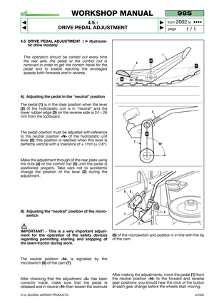 Page 164.5 DRIVE PEDAL ADJUSTMENT  (➤Hydrosta-
tic drive models) 
This operation should be carried out every time
the rear axle, the pedal or the control rod is
removed in order to get the correct travel for the
pedal and to enable reaching the envisaged
speeds both forwards and in reverse.
A) Adjusting the pedal in the “neutral” position
The pedal (1)is in the ideal position when the lever
(2)of the hydrostatic unit is in “neutral” and the
lower rubber edge 
(3)on the reverse side is 24 – 26
mm from the...