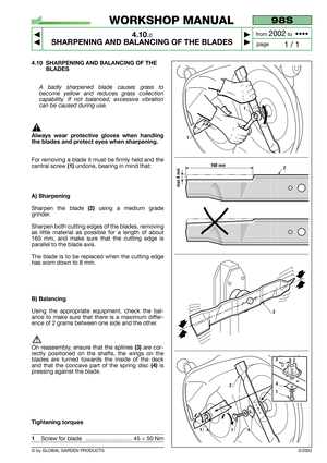 Page 234.10 SHARPENING AND BALANCING OF THE
BLADES
A badly sharpened blade causes grass to
become yellow and reduces grass collection
capability. If not balanced, excessive vibration
can be caused during use.
Always wear protective gloves when handling
the blades and protect eyes when sharpening.
For removing a blade it must be firmly held and the
central screw 
(1)undone, bearing in mind that:
A) Sharpening
Sharpen the blade (2)using a medium grade
grinder.
Sharpen both cutting edges of the blades, removing
as...