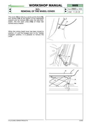 Page 26© by GLOBAL GARDEN PRODUCTS
98S
5.2.0
REMOVAL OF THE WHEEL COVER



2 / 2
WORKSHOP MANUAL
page from 
2002to  ••••
The cover (12) is held by a screw at the front (13),
four screws 
(14)at the bottom of the dashboard
support and six screws 
(15)under the side foot-
board. The two back ones 
(15a)of these last
screws have a washer.
When the cutting height lever has been moved to
position «7» and the engage lever to the “blades
engaged” position, it is possible to remove the
cover.
3/2002
12
1515
15a...