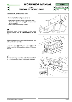 Page 275.3 REMOVAL OF THE FUEL TANK
Removing the fuel tank gives access to:
–the steering wheel column and the ring gear;
–the brake adjustment spring 
(➤in mechanical
drive models)
;
–the accelerator fastening screws.
Completely empty the tank through the pipe at the
entry to the fuel filter 
(1), taking care not to spill
fuel
.
Remove the electronic card, take off the lower part
of the protective cover 
(2).
Loosen the screw 
(3)holding the support (4)and lift
the tank until the two pegs 
(5) come out of the...