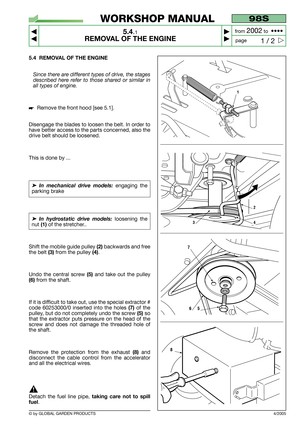 Page 285.4 REMOVAL OF THE ENGINE
Since there are different types of drive, the stages
described here refer to those shared or similar in
all types of engine.
Remove the front hood [see 5.1].
Disengage the blades to loosen the belt. In order to
have better access to the parts concerned, also the
drive belt should be loosened.
This is done by ...
➤In mechanical drive models: engaging the
parking brake 
➤In hydrostatic drive models: loosening the
nut 
(1)of the stretcher.. 
Shift the mobile guide pulley...