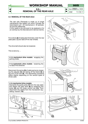 Page 305.5 REMOVAL OF THE REAR AXLE
The rear axle (Transaxle) is made up of single
maintenance free sealed unit which includes the
transmission unit  ( 
➤mechanical or  ➤hydrosta-
tic) and the differential.  
It only needs to be removed to be replaced or for
an overhaul by the Manufacturer’s Service Centre.
Put a block (2)of adequate thickness under the rear
plate [see 2.3] and take off the rear wheels.
The drive belt should also be loosened.
This is done by ...
➤In mechanical drive models:  engaging the...