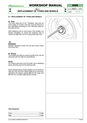 Page 346.1 REPLACEMENT OF TYRES AND WHEELS
A) Tyres
The tyres used are of the “Tubeless” type and so
every repair of a hole in the tyre must be done by a
tyre specialist according to the methods used for
this type of tyre.
After replacing one or more tyres or the wheels, it is
always necessary to check the pressure and to
check the alignment of the cutting deck [see 4.6].
WARNING
Replace distorted wheel rims as they could impair
the tyre’s hold.
B) Wheels
The wheels are held by a snap ring (1) which can be...