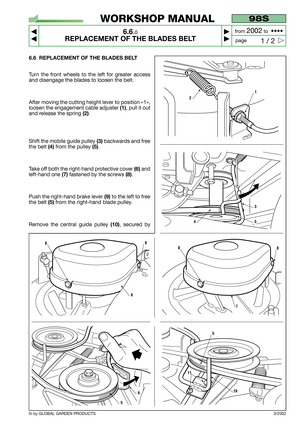 Page 406.6 REPLACEMENT OF THE BLADES BELT
Turn the front wheels to the left for greater access
and disengage the blades to loosen the belt.
After moving the cutting height lever to position «1»,
loosen the engagement cable adjuster 
(1), pull it out
and release the spring 
(2).
Shift the mobile guide pulley 
(3)backwards and free
the belt 
(4)from the pulley (5).
Take off both the right-hand protective cover 
(6)and
left-hand one 
(7)fastened by the screws (8).
Push the right-hand brake lever 
(9)to the left to...