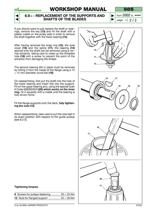 Page 45If you should want to just replace the shaft or bear-
ings, remove the key 
(13)and hit the shaft with a
plastic mallet on the pulley side in order to remove
the shaft together with the lower bearing 
(14).
After having removed the snap ring 
(15), the dust
cover 
(16)and the spline (17), the bearing (14)
splined onto the shaft can be removed using a nor-
mal extractor, taking care to close up the threaded
hole 
(18)with a screw to prevent the point of the
extractor from damaging the thread.
The second...