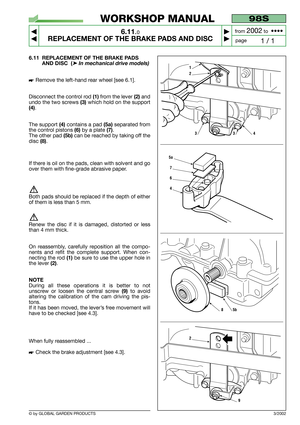 Page 476.11 REPLACEMENT OF THE BRAKE PADS
AND DISC  (
➤In mechanical drive models)
Remove the left-hand rear wheel [see 6.1].
Disconnect the control rod 
(1) from the lever (2)and
undo the two screws 
(3)which hold on the support
(4).
The support
(4)contains a pad (5a)separated from
the control pistons
(6)by a plate (7).
The other pad 
(5b)can be reached by taking off the
disc 
(8). 
If there is oil on the pads, clean with solvent and go
over them with fine-grade abrasive paper.
Both pads should be replaced if...