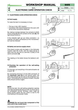 Page 547.7 ELECTRONIC CARD OPERATION CHECK
A) Card supply
To make this test it is necessary to have:
–The key in the «ON» position
–Connector CN2 disconnected from the card, with
all the other connectors attached.
By making a bridge between the contacts 6 (CN2)
of the wiring 
(1)and the contact of the card (2), the
light should come on.
If the indicator light go out when connector 1 is
inserted, the earth connections of the microswitch-
es must be checked.
B) Safety and service supply check
This check is done...