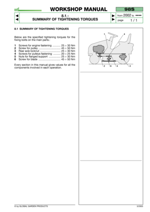 Page 598.1 SUMMARY OF TIGHTENING TORQUES
Below are the specified tightening torques for the
fixing bolts on the main parts.: 
1Screws for engine fastening  ........... 25 ÷ 30 Nm
2Screw for pulley .............................. 45 ÷ 50 Nm
3Rear axle locknut ............................ 25 ÷ 30 Nm
4Screws for pulleys fastening  .......... 20 ÷ 25 Nm
5Nuts for flanged support  ................ 25 ÷ 30 Nm
6Screw for blade  .............................. 45 ÷ 50 Nm
Every section in this manual gives values for all...