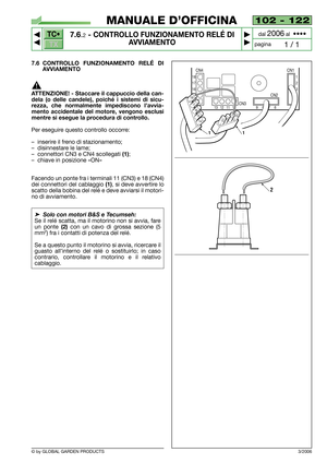 Page 65TC•
TX
© by GLOBAL GARDEN PRODUCTS
102 - 122
7.6.2- CONTROLLO FUNZIONAMENTO RELÉ DI
AVVIAMENTO


1 / 1
MANUALE D’OFFICINA
paginadal 
2006al  ••••
7.6 CONTROLLO FUNZIONAMENTO RELÉ DI
AVVIAMENTO
ATTENZIONE! - Staccare il cappuccio della can-
dela (o delle candele), poiché i sistemi di sicu-
rezza, che normalmente impediscono l’avvia-
mento accidentale del motore, vengono esclusi
mentre si esegue la procedura di controllo.
Per eseguire questo controllo occorre:
–inserire il freno di stazionamento;...