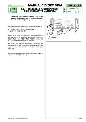 Page 67TC•
TX
© by GLOBAL GARDEN PRODUCTS
102 - 122
7.7.1- CONTROLLO FUNZIONAMENTO
FRIZIONE ELETTROMAGNETICA


1 / 1
MANUALE D’OFFICINA
paginadal 
2006al  ••••
7.7 CONTROLLO FUNZIONAMENTO FRIZIONE
ELETTROMAGNETICA 
( ➤Nei modelli con
innesto elettromagnetico)
Per eseguire questo controllo occorre predisporre:
–Connettori CN1 e CN2 scollegati 
(1)
–Chiave in posizione «ON»
Facendo un ponte fra i terminali 10 (CN3) e 18 (CN4)
dei connettori del cablaggio 
(1), si deve avvertire lo
scatto della parte mobile...