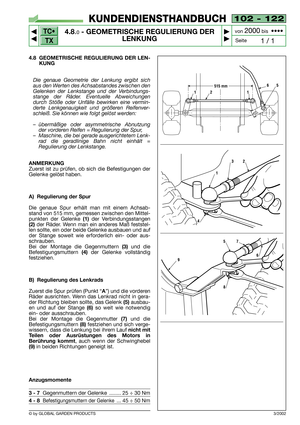 Page 21102 - 122
4.8.0- GEOMETRISCHE REGULIERUNG DER
LENKUNG


1 / 1
KUNDENDIENSTHANDBUCH
Seite von 
2000bis  ••••
4.8 GEOMETRISCHE REGULIERUNG DER LEN-
KUNG
Die genaue Geometrie der Lenkung ergibt sich
aus den Werten des Achsabstandes zwischen den
Gelenken der Lenkstange und der Verbindungs-
stange der Räder. Eventuelle Abweichungen
durch Stöße oder Unfälle bewirken eine vermin-
derte Lenkgenauigkeit und größeren Reifenver-
schleiß. Sie können wie folgt gelöst werden:
–übermäßige oder asymmetrische...