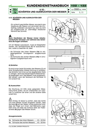 Page 23102 - 122
4.10.1
SCHÄRFEN UND AUSWUCHTEN DER MESSER



1 / 1
KUNDENDIENSTHANDBUCH
Seite von 
2000bis  ••••
4.10 SCHÄRFEN UND AUSWUCHTEN DER
MESSER
Ein schlecht geschärftes Messer verursacht eine
Vergilbung des Rasens und vermindert den Ern-
teertrag, außerdem verursacht es, wenn es nicht
gut ausgewuchtet ist, übermäßige Vibrationen
während des Schnitts.
Beim Handhaben der Messer immer Arbeits-
handschuhe benutzen und während des Schär-
fens die Augen schützen.
Um ein Messer auszubauen, muss es...